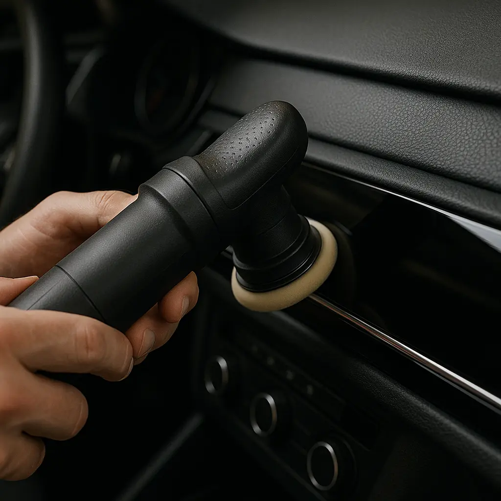 Polieren einer Zierleiste Eine Zierleiste mit Klavierlack wird mit einer Poliermaschine poliert.