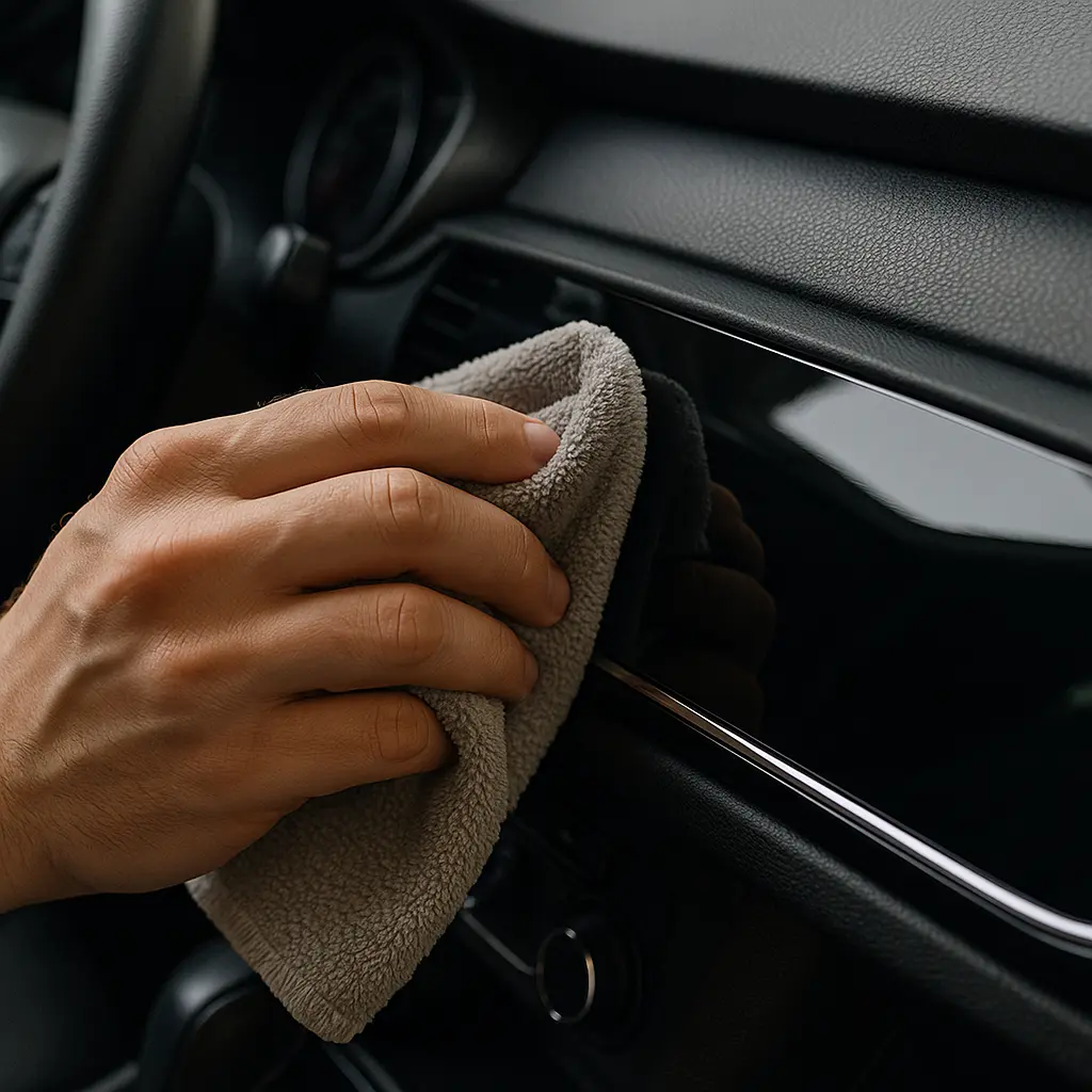 Reinigung einer Zierleiste Eine Zierleiste mit Klavierlack wird mit einem Tuch gereinigt